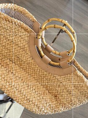 Anthropologie Woven Straw Raffia Tote Bag Bamboo Ring Handles Summer Beac